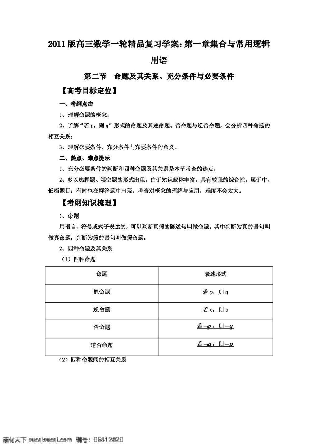 數(shù)學(xué) 北師大 版 2011 一輪 精品 復(fù)習(xí) 學(xué) 案 章 集合 常用 邏輯 用語(yǔ) 二 節(jié) 命題及其關(guān)系 充分 條件 必要條件 北師大版 高考專區(qū) 學(xué)案