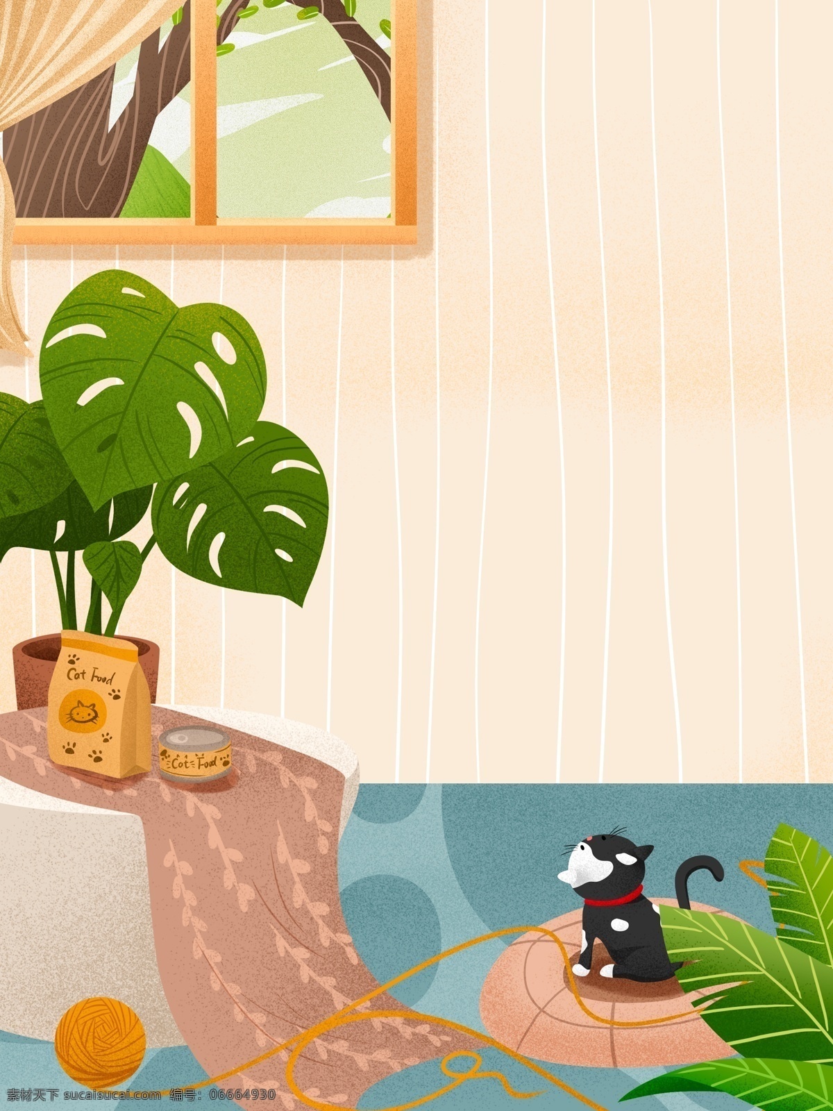 彩绘 温馨 家居 盆栽 背景 生活插画背景 卧室背景 居家背景 插画背景 小猫 植物背景 窗外