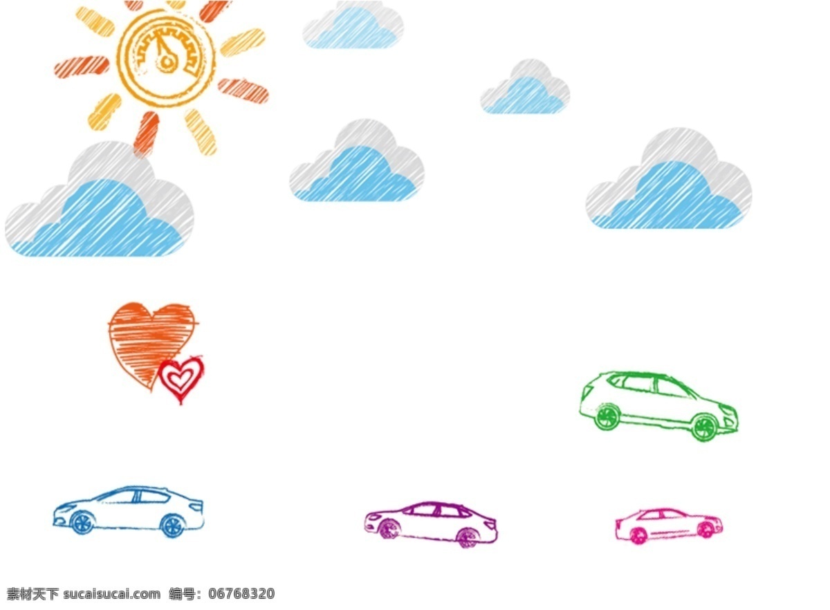 儿童 手绘 免 抠 元素 童趣 绘画 汽车 太阳 白云 爱心 免抠元素 设计元素 免抠 免扣 分层