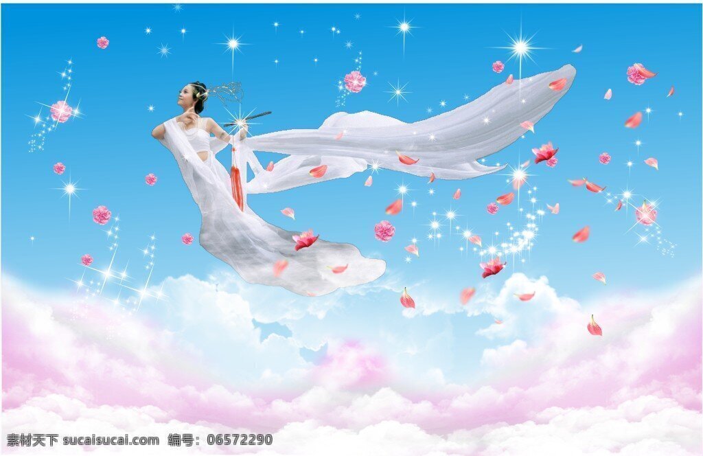 飞天仙女海报 仙女 花瓣 云彩 美女 吹笛子 云朵 白色