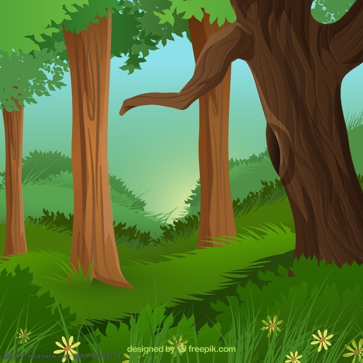 卡通 森林 中 风景图片 树木 风景 草地 灌木 阳光 矢量 高清图片