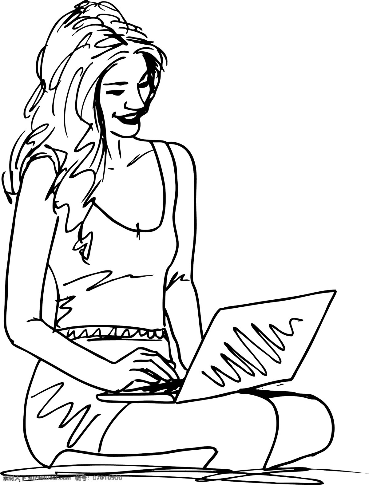 笔记本 电脑 插画 矢量 年轻 女子 素描 矢量图 矢量人物