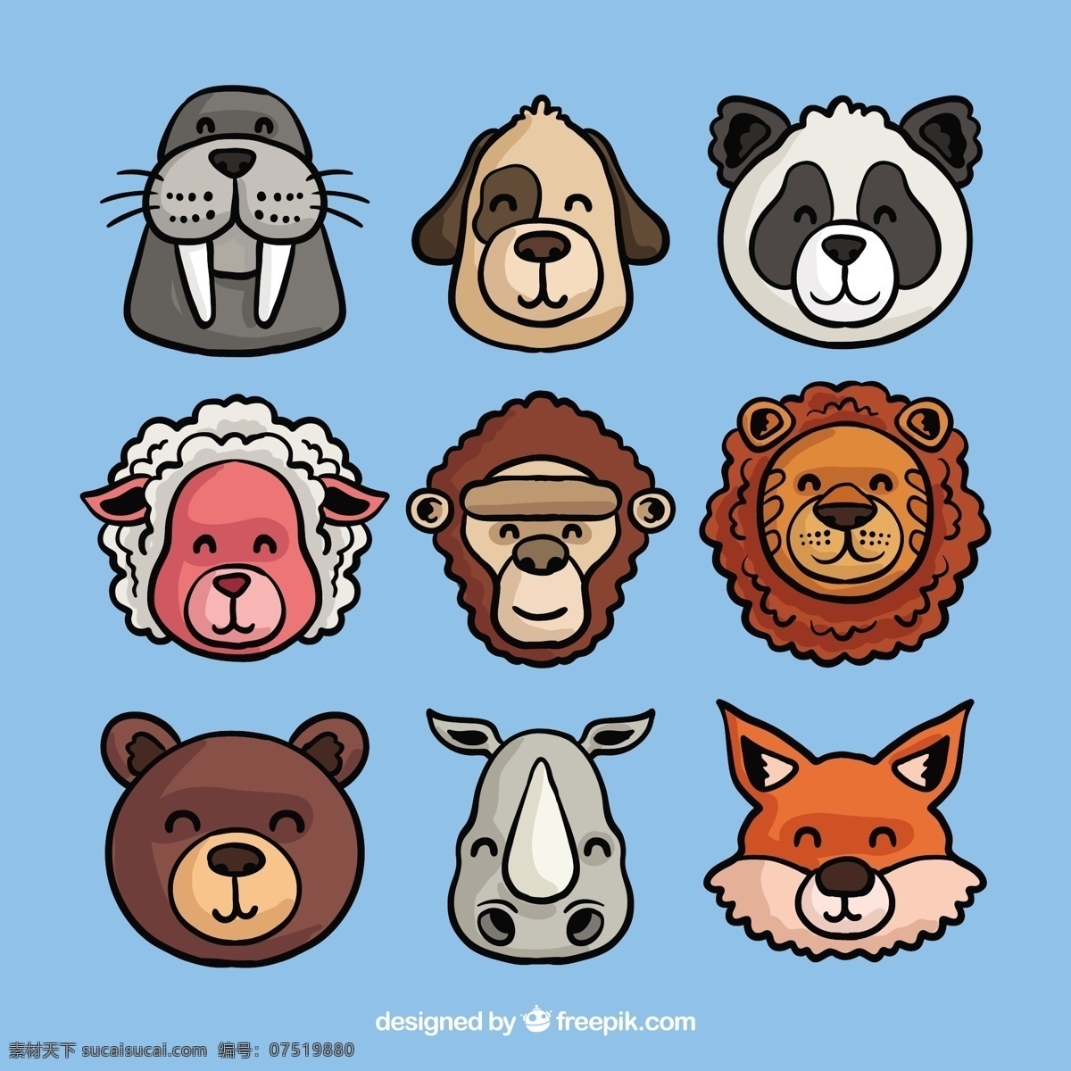 动物脸趣味集 手 狗 自然 卡通 动物 手绘 可爱 微笑 快乐 狮子 熊 七彩 猴子 画 海豹 绵羊 狐狸 好玩 熊猫