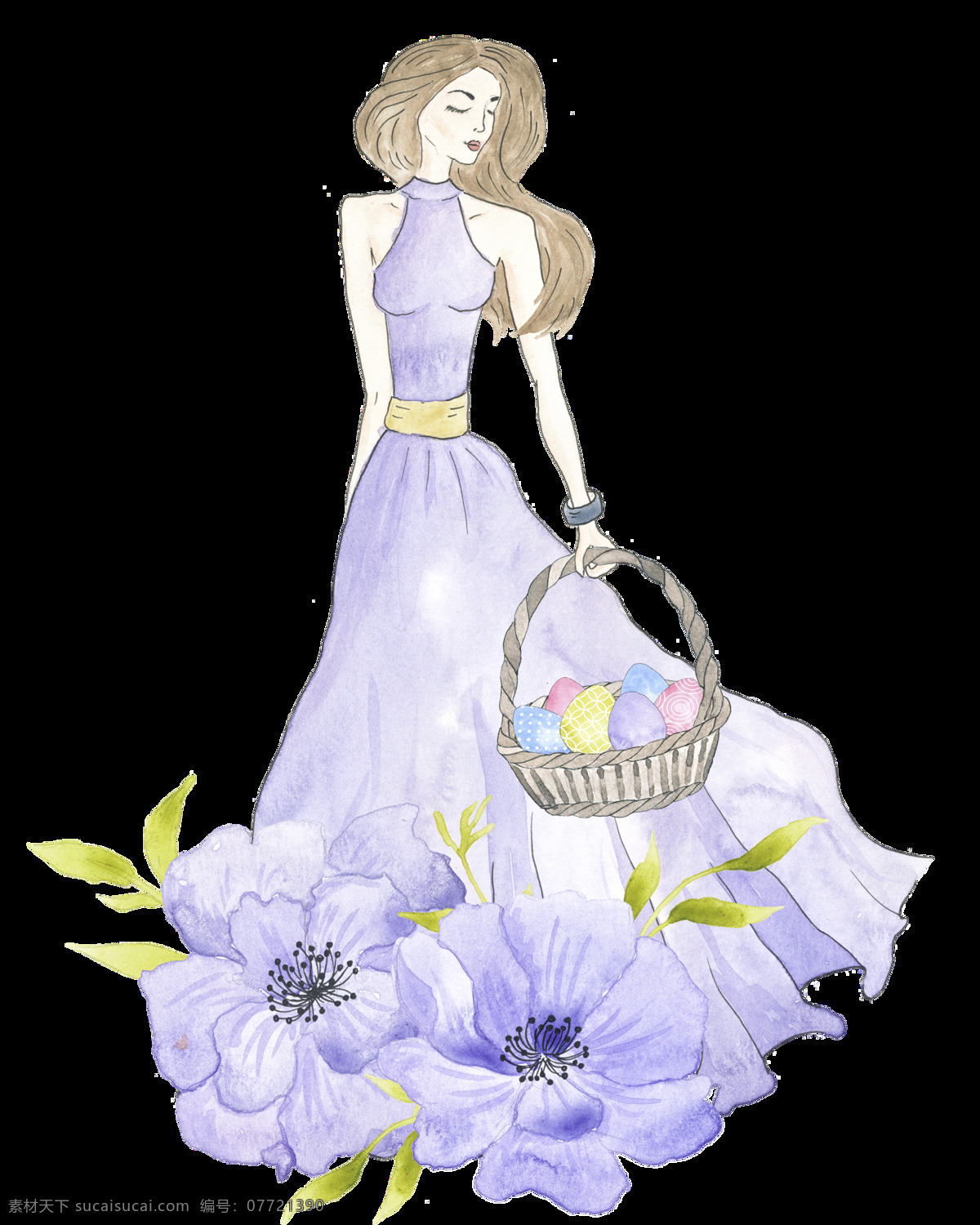 唯美 女郎 花卉 畫 裝飾 圖案 藍(lán)色花 藍(lán)牡丹 花籃 紗裙 彩蛋