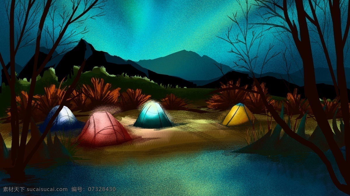 夏季 夜晚 露营 季 壁纸 场景 渐变 帐篷 原创 商业插画 河边 天光 海报 手机用图