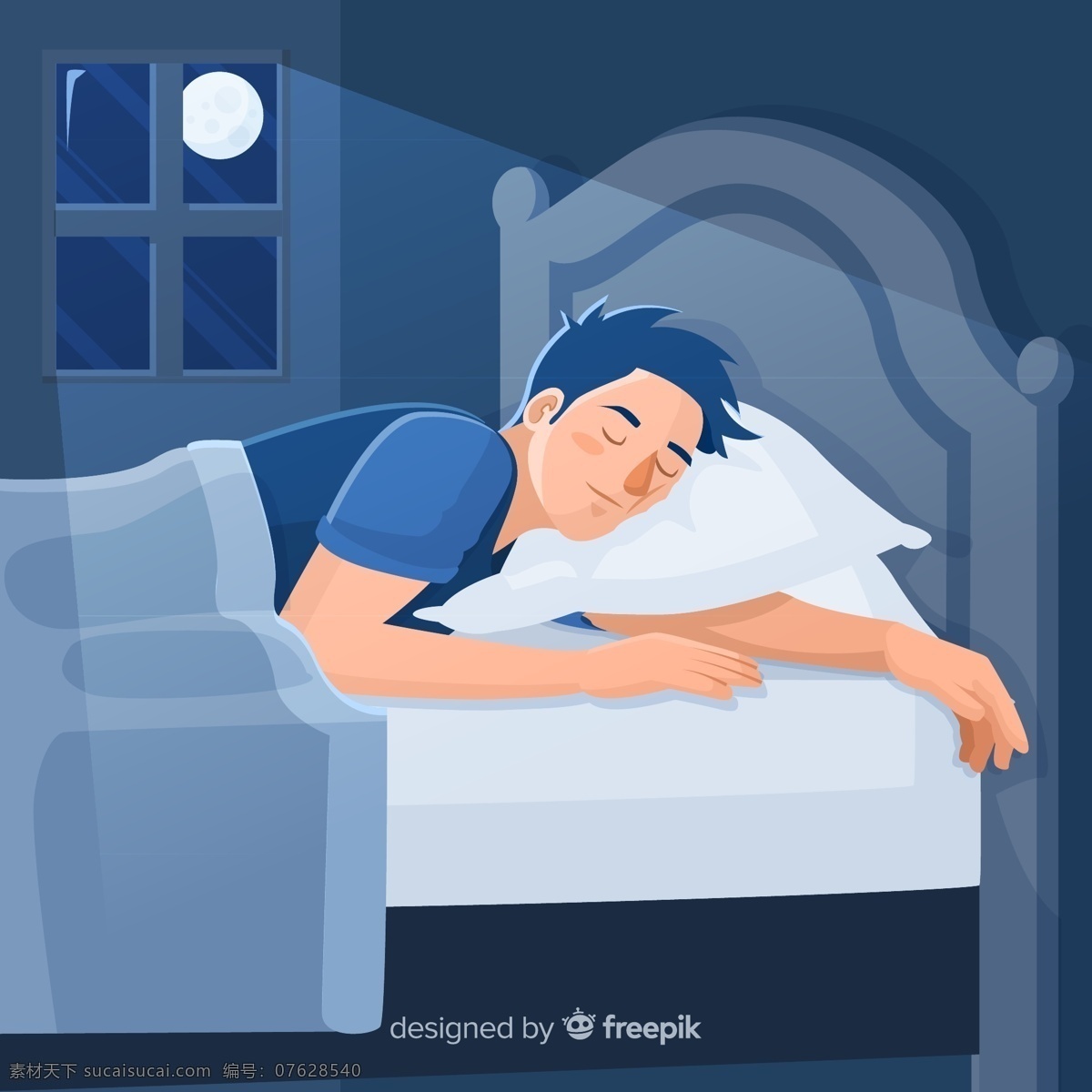 夜晚 睡眠 男子 月亮 窗戶 臥室 枕頭 休息 矢量 高清圖片