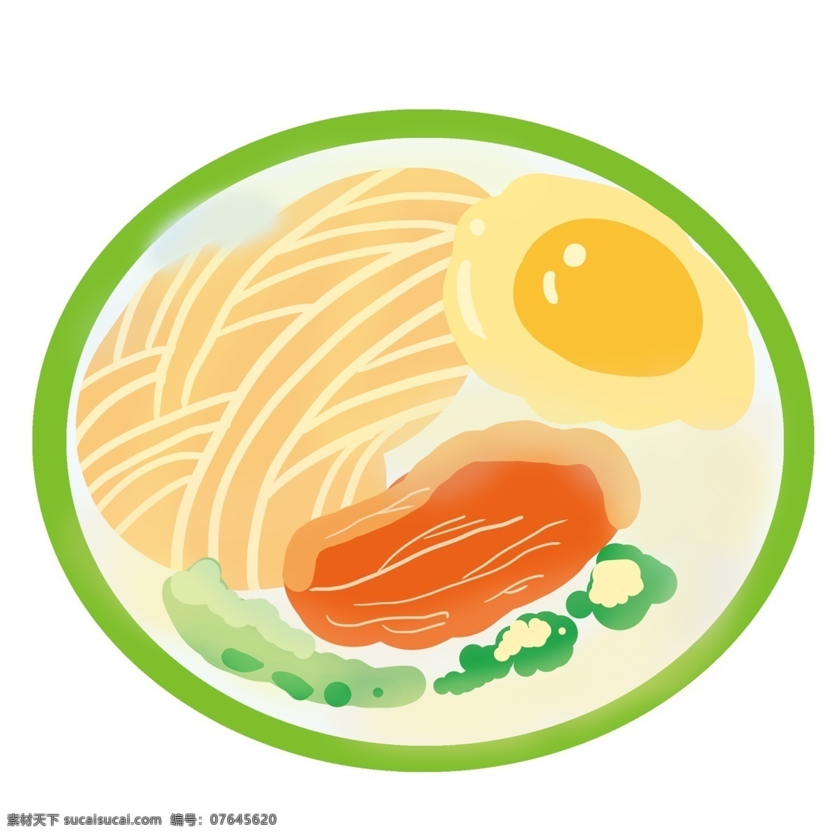 卡通 美味 面条 插画 绿色的盘子 拉面 食物 面条插画 精美的面条 煎蛋 绿色的蔬菜 卡通食物插画
