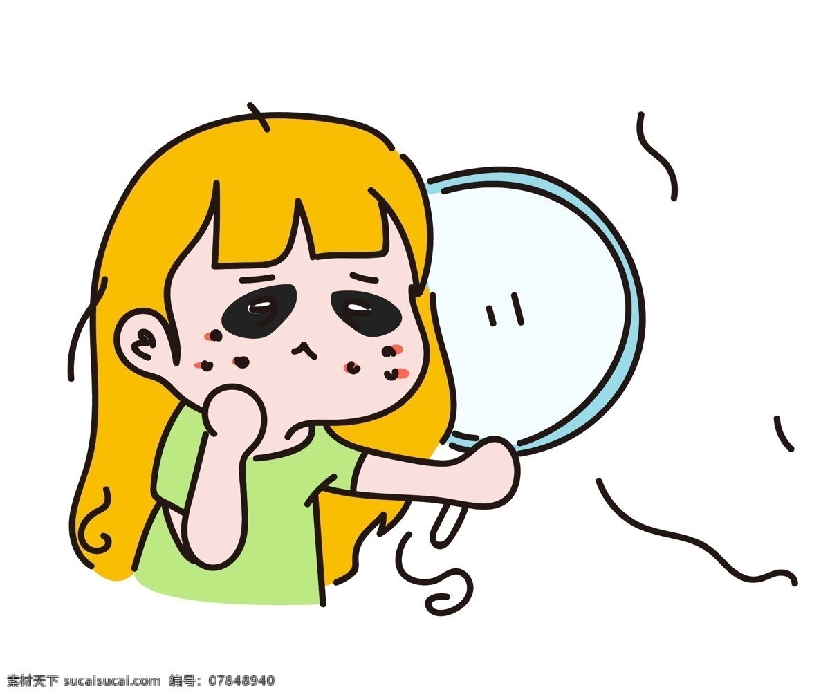 照镜子 熬夜 女孩 插画 手绘 q版 脱发 卡通ai素材 动漫动画 动漫人物