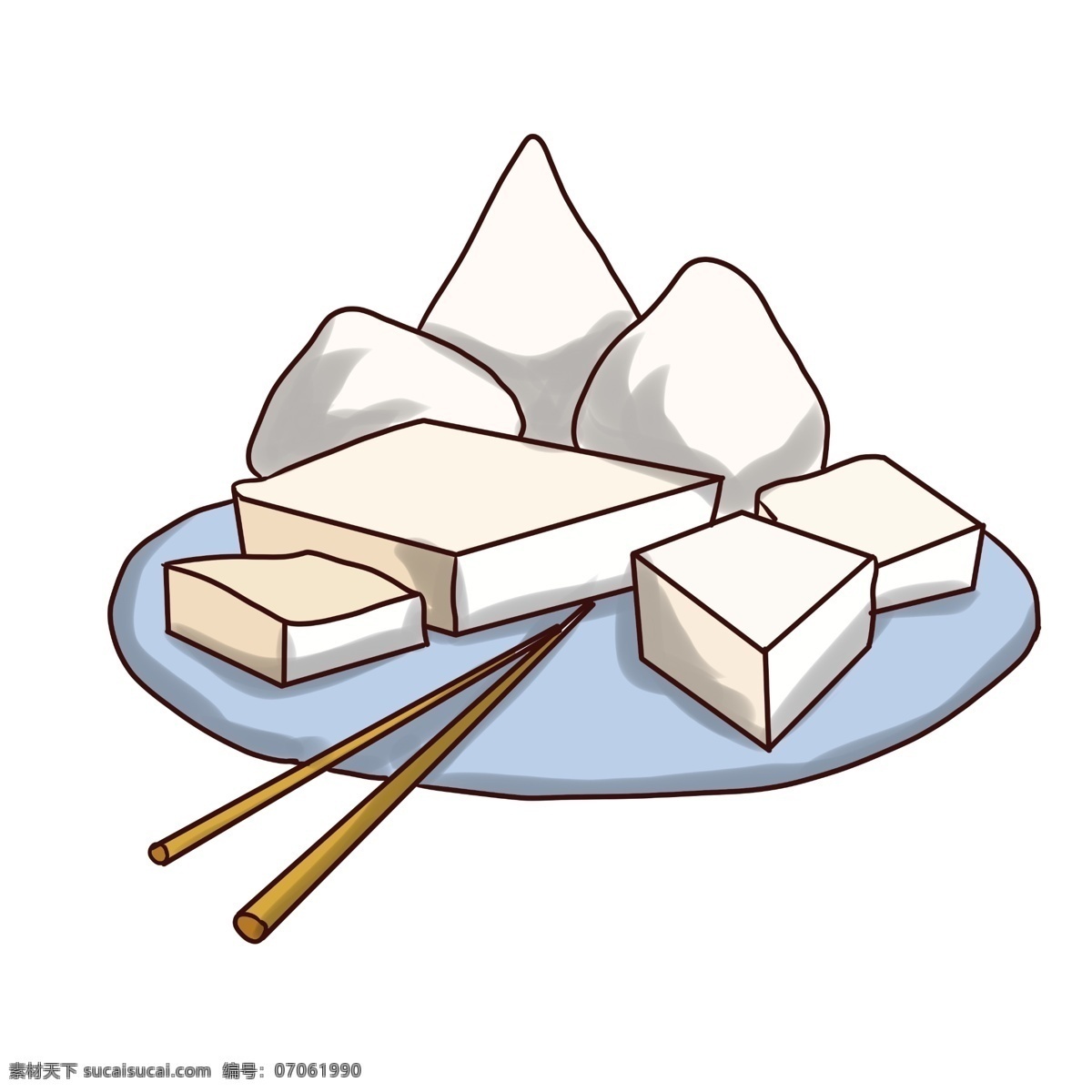 中式 面点 小吃 插画 白色的馒头 白色的豆腐 一双筷子 一盘小吃 创意美食插画 白色乳酪 中式餐点