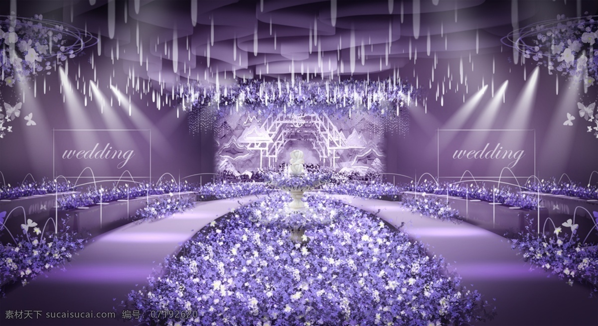 紫色 唯美 新 中式 厅 内 婚礼 手绘 效果图 花艺 喷泉 新中式 长条桌 雨花顶 婚礼手绘 婚礼效果图