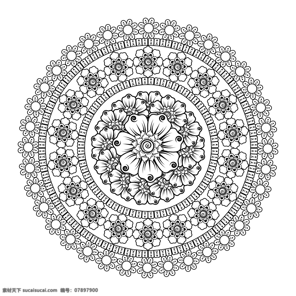 黑白 花朵 图案 边框 圆形 圆环 环形 素描 矢量 高清图片