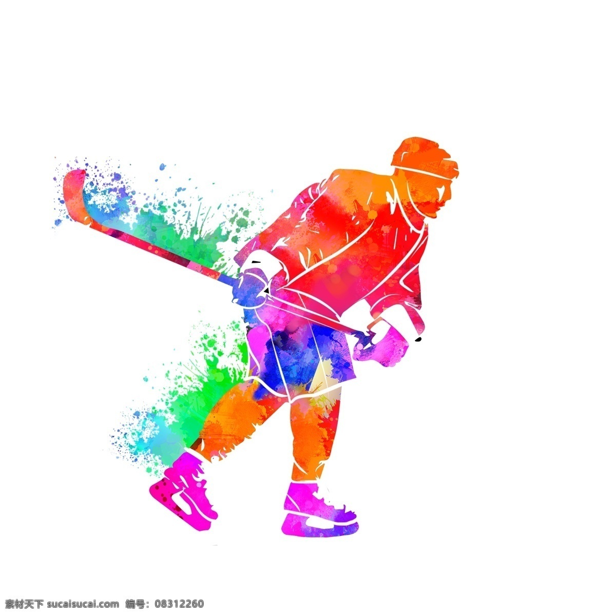 创意 冰球 运动员 炫彩 泼墨 剪影 装饰图案 彩色 打冰球 冰雪运动 体育 项目 运动 花纹 背景 免 抠 图 分层