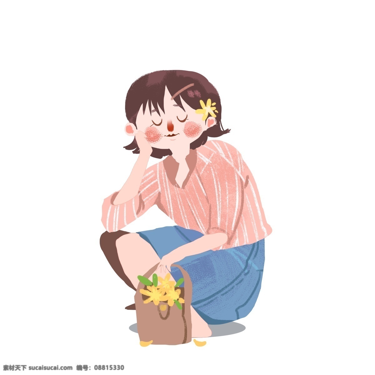 春天 采 小 黃花 女生 戶外 采風 春游 花 插畫 女裝 小清新 蹲著 森系 衣服 裙子 banner 海報