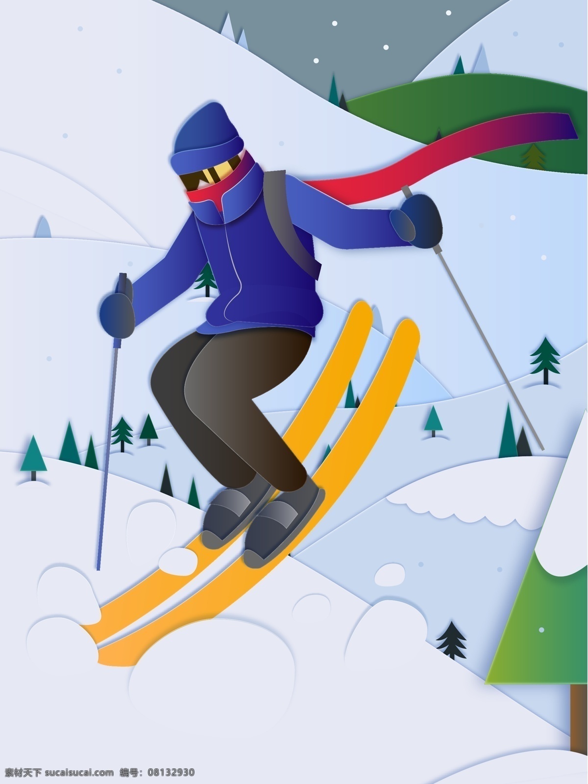 滑雪 人物 场景 下雪 冬季 剪纸