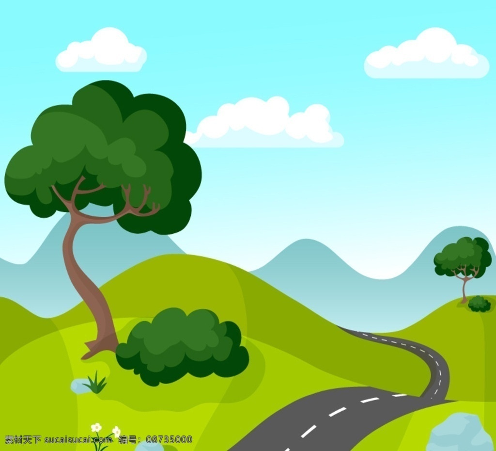 山間公路風(fēng)景 山間公路 風(fēng)景 道路 馬路 山路 盤山公路 樹木 大樹 植物 花卉 花朵 山坡 草地 草坪 云朵 白云 山巒 山峰 插畫 背景 海報(bào) 畫冊(cè) 風(fēng)景建筑 自然景觀 自然風(fēng)光