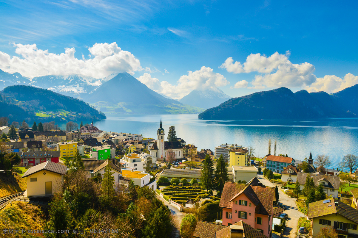 瑞士风光 蓝天白云 树木 小房 山峦 小路 草地 湖水 欧洲六国游 旅游摄影 国外旅游
