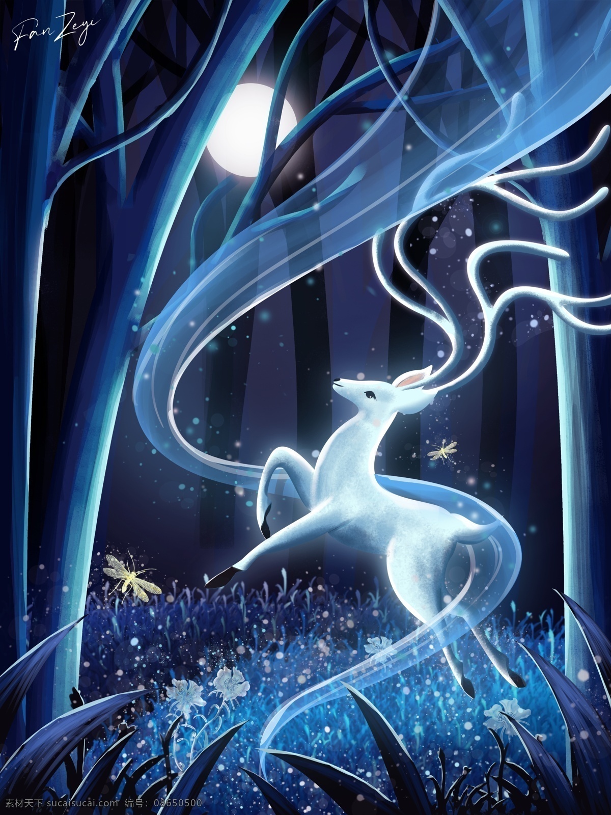 萤 灵 之光 梦幻 插画 ps 鼠绘 板绘 荧光 森林 治愈 可爱 月亮 夜 鹿 动物 萤火虫 精灵 神 草地 光 分层