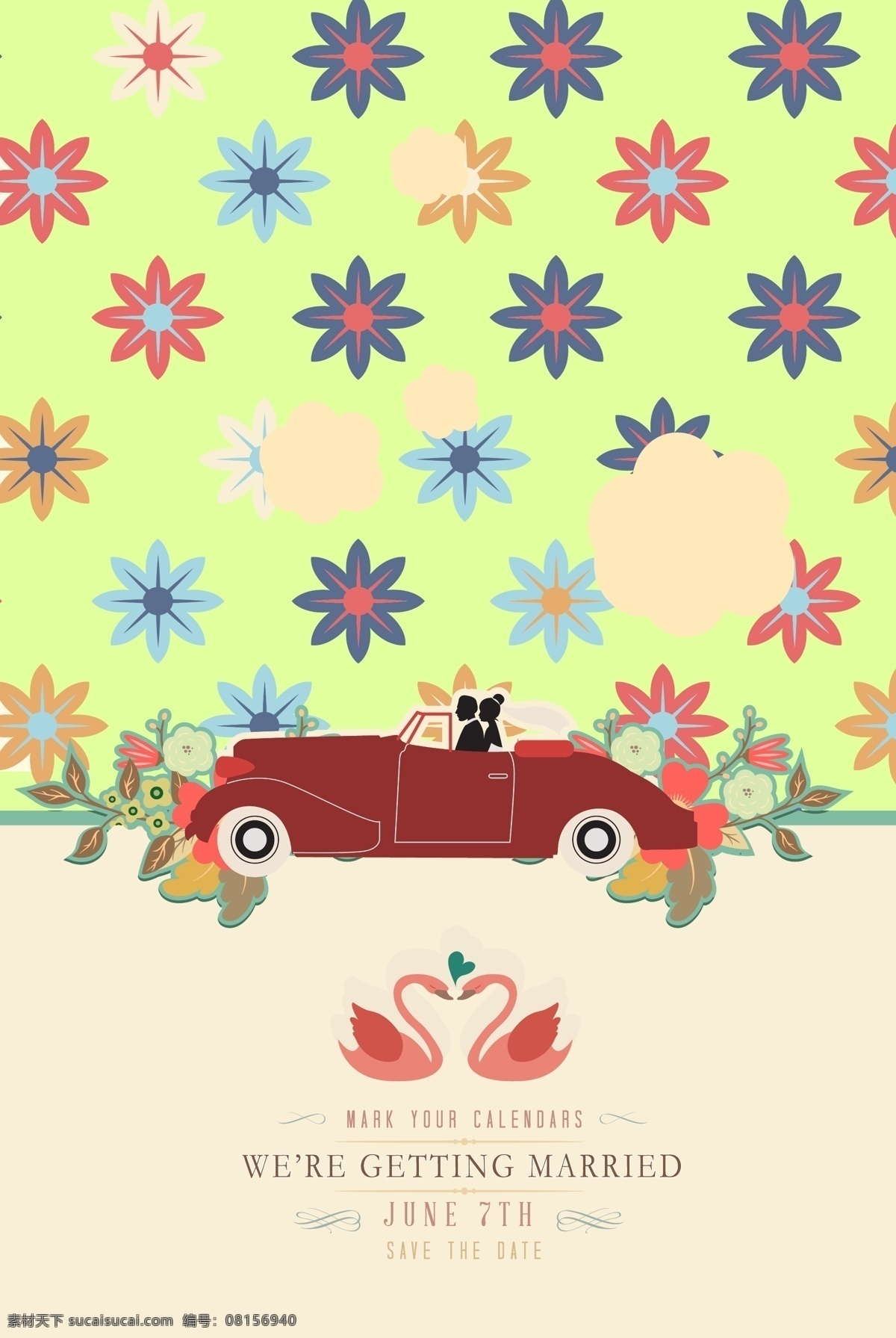 卡通 花紋 婚車 動物 背景 模板下載 天鵝 花朵 婚禮 婚慶 卡通背景 彩色背景 底紋 矢量背景 生活百科 矢量素材