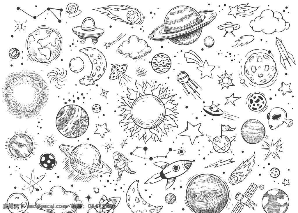 手绘 宇宙 太空 元素 背景 底纹 星球 宇航员 太空元素 宇宙元素 星空 儿童 插画 插图 动漫动画