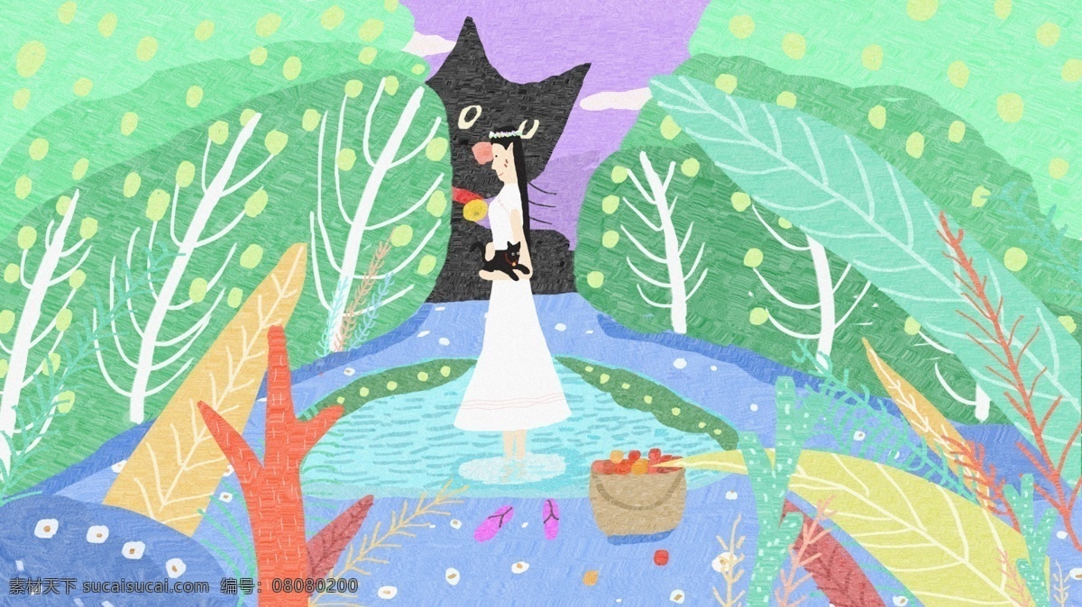 節(jié)氣 寒露 原創(chuàng) 插畫 貓 女孩 清新 壁紙 配圖
