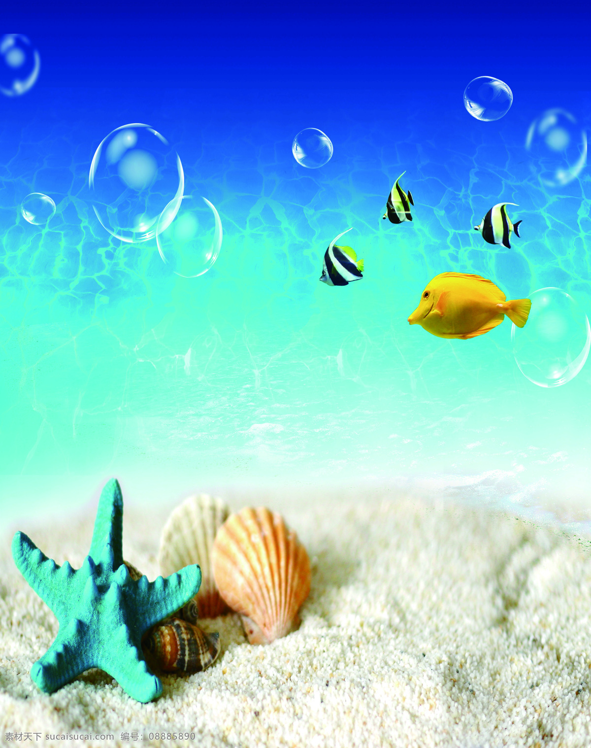水族樂園 移門 沙灘 海底世界 水族 魚 海星 沙子 貝殼 氣泡 水紋 卡通 移門圖案 底紋邊框