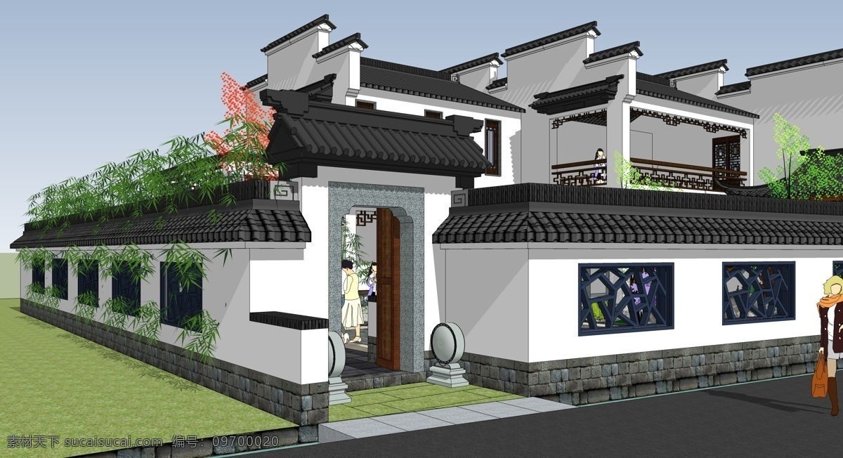 現代 徽派 民宿 民居 徽派民居 徽派建筑 徽派民居大院 馬頭墻 休閑民宿 民俗民居 民居大院 民宿設計 建筑設計 徽派民宿 草圖大師 草圖大師模型 環(huán)境設計 效果圖