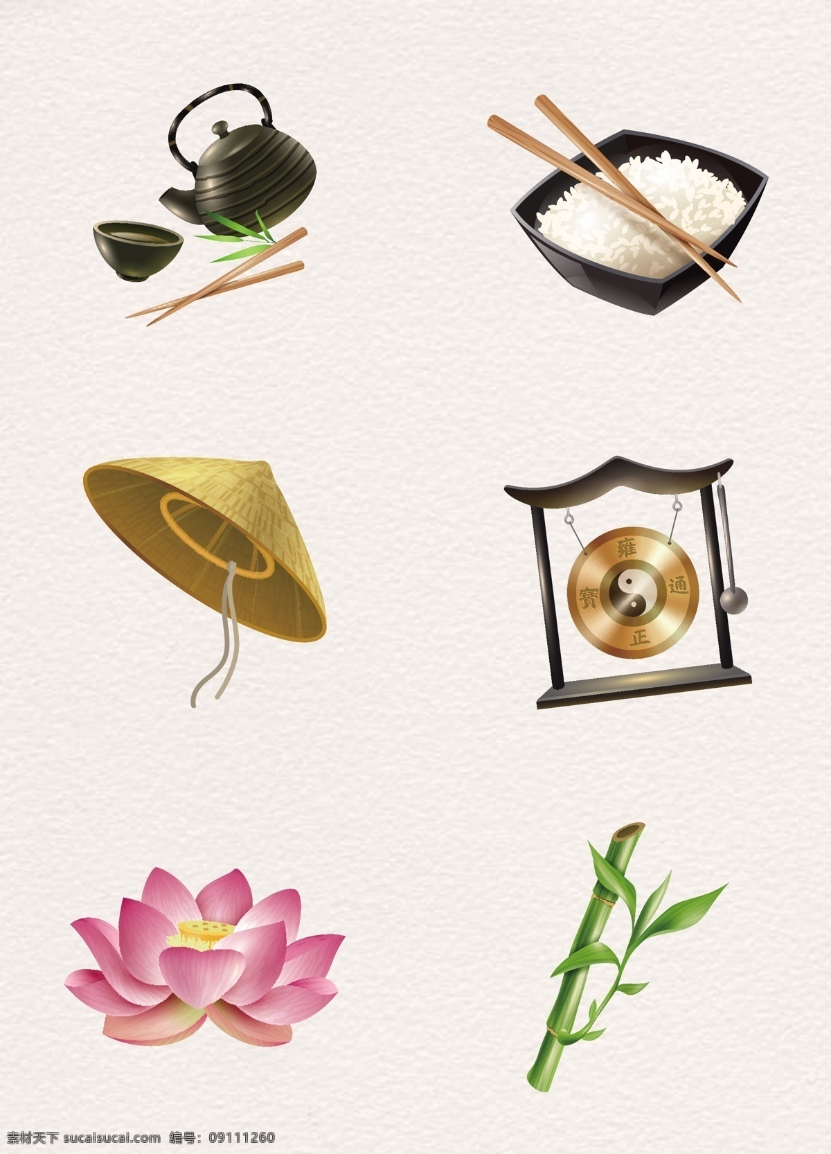 手繪 精美 中國(guó) 傳統(tǒng) 元素 矢量圖 米飯 蓮花 竹子 中國(guó)文化 茶 斗笠 八卦鐘