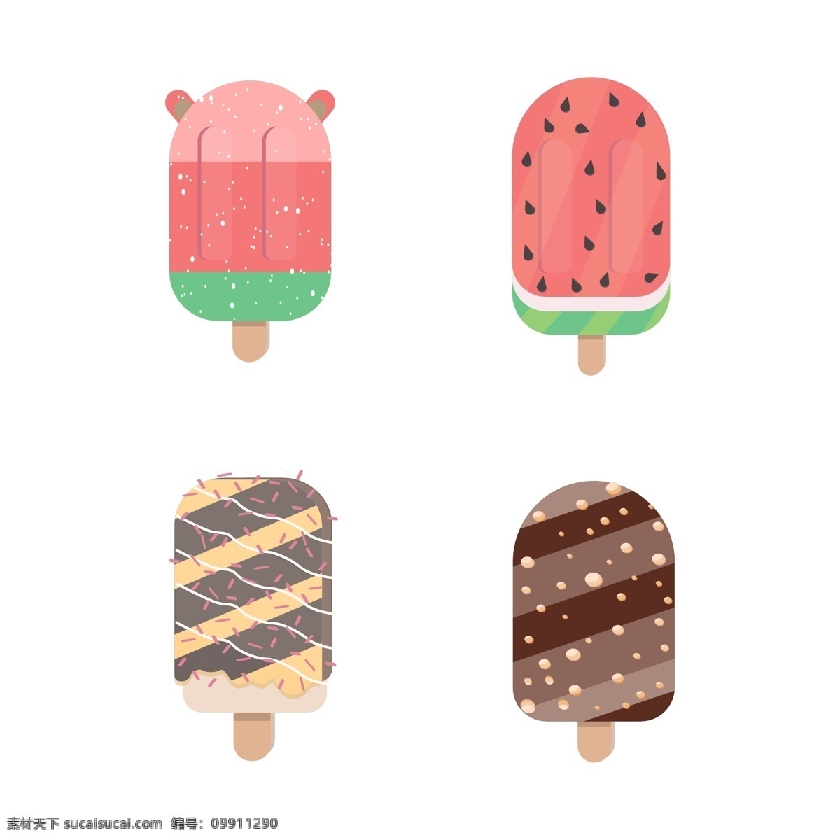 夏日 雪糕 卡通 插画 西瓜 冰棍 矢量 元素 西瓜雪糕 巧克力 甜点