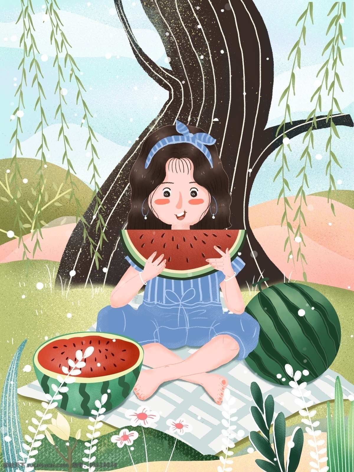 小 清新 可愛(ài) 小女孩 大暑 吃 西瓜 插畫 小清新 24節(jié)氣 節(jié)氣插畫 節(jié)日節(jié)氣 吃西瓜 夏天