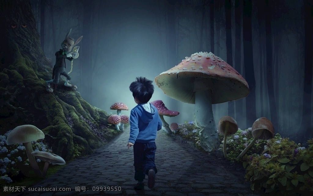 童话 蘑菇 男孩 蘑菇房子 魔幻 奇幻 童趣 风景画 共享 动漫动画 动漫人物