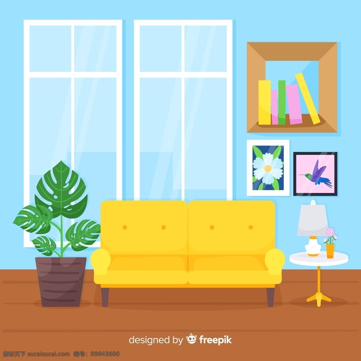 彩色 温馨 客厅 窗户 落地窗 盆栽 龟背竹 沙发 茶几 矢量 高清图片