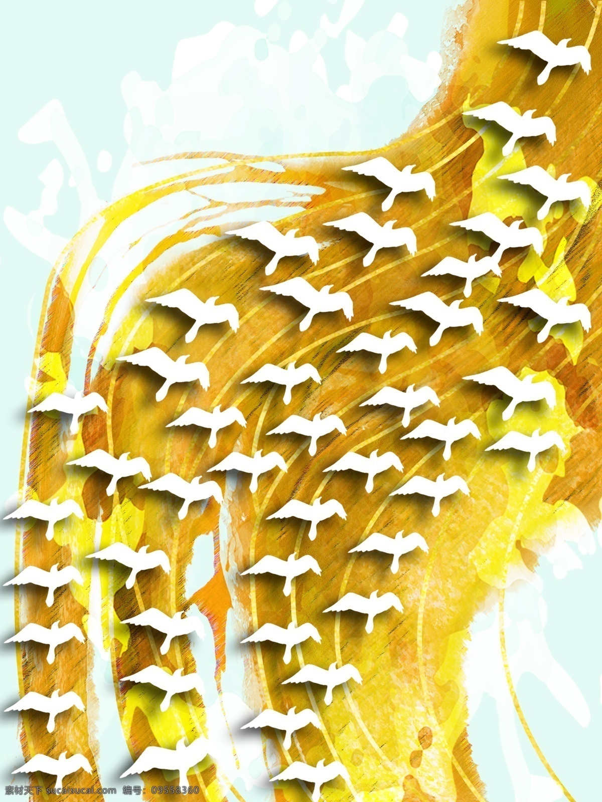 抽象 白色 飞鸟 客厅 装饰画 淡彩背景 金黄色抽象 新中式 一联画 白色群鸟