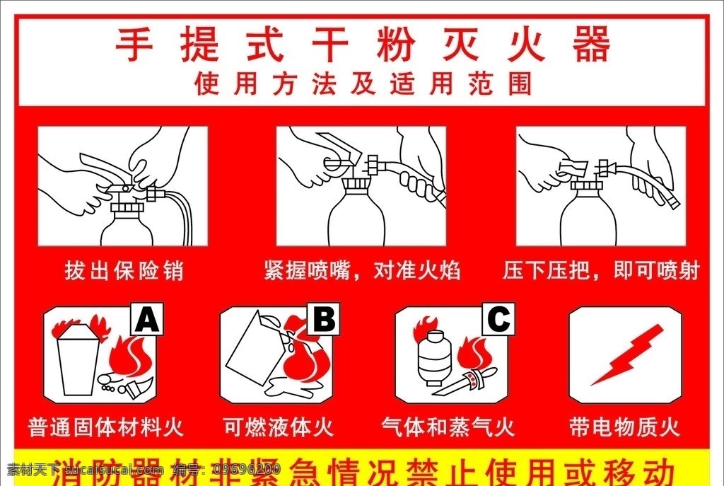手提式 干粉 滅火器 使用方法 適用范圍 消防器材 非 緊急 情況 禁止 使用 移動(dòng) 干粉滅火器 矢量