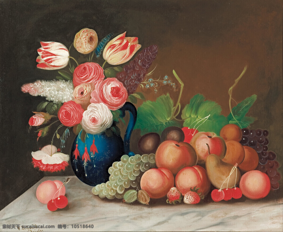 花瓶 绘画书法 葡萄 水果 桃子 文化艺术 鲜花 樱桃 永恒之美 鲜花与水果 古尔德作品 郁金香 白色桌布 19世纪油画 油画 装饰素材