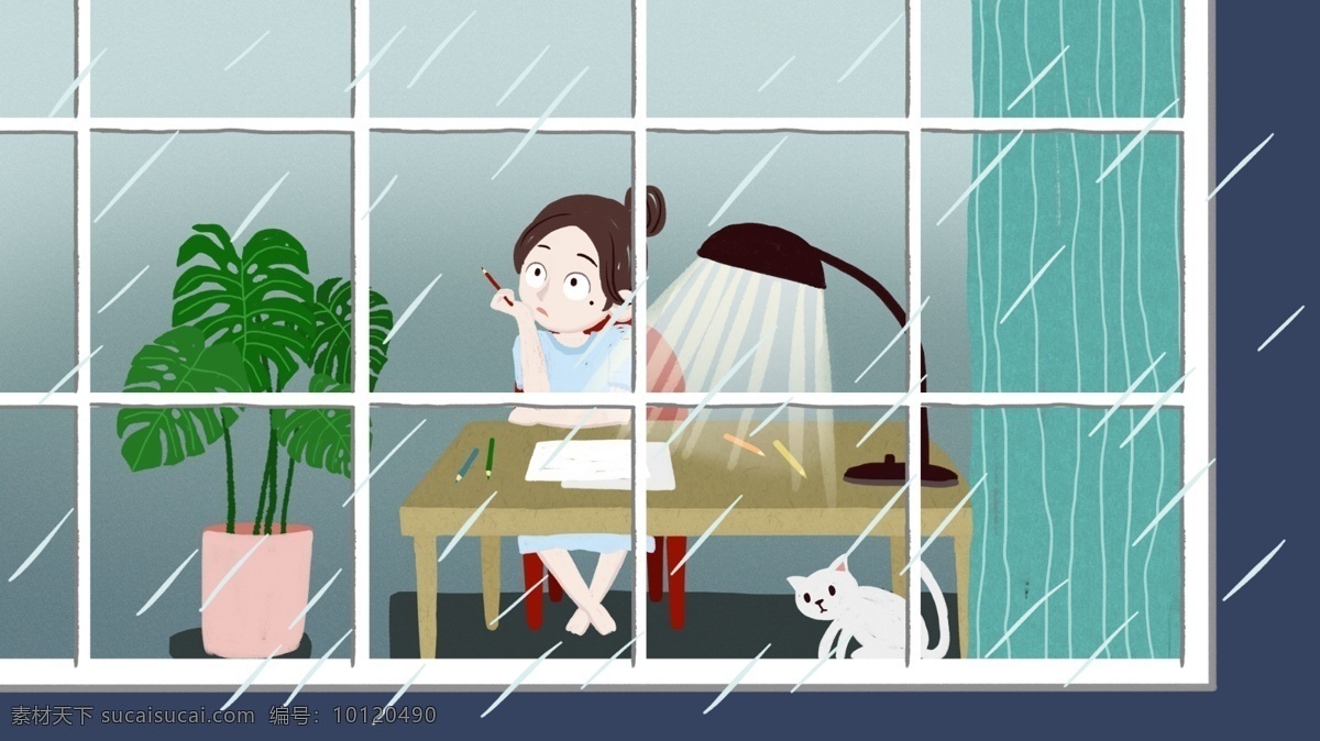 居家生活 窗外 女孩 卡通 植物 插画 原创 下雨 猫咪 台灯 思考 手机壁纸 配图 文章配图 微博配图 朋友圈配图