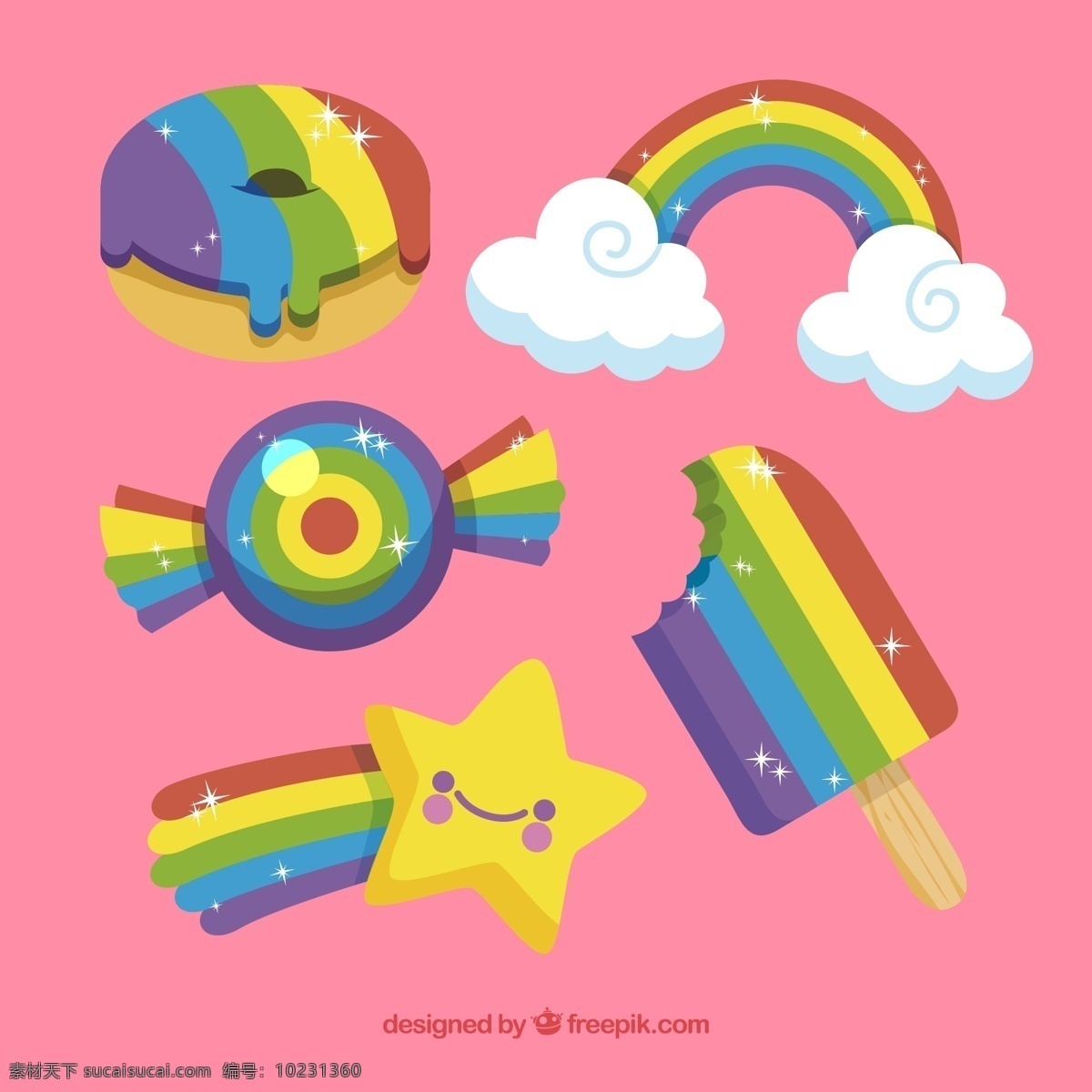 彩虹 色 物品 甜甜圈 云朵 糖果 流星 矢量 高清图片