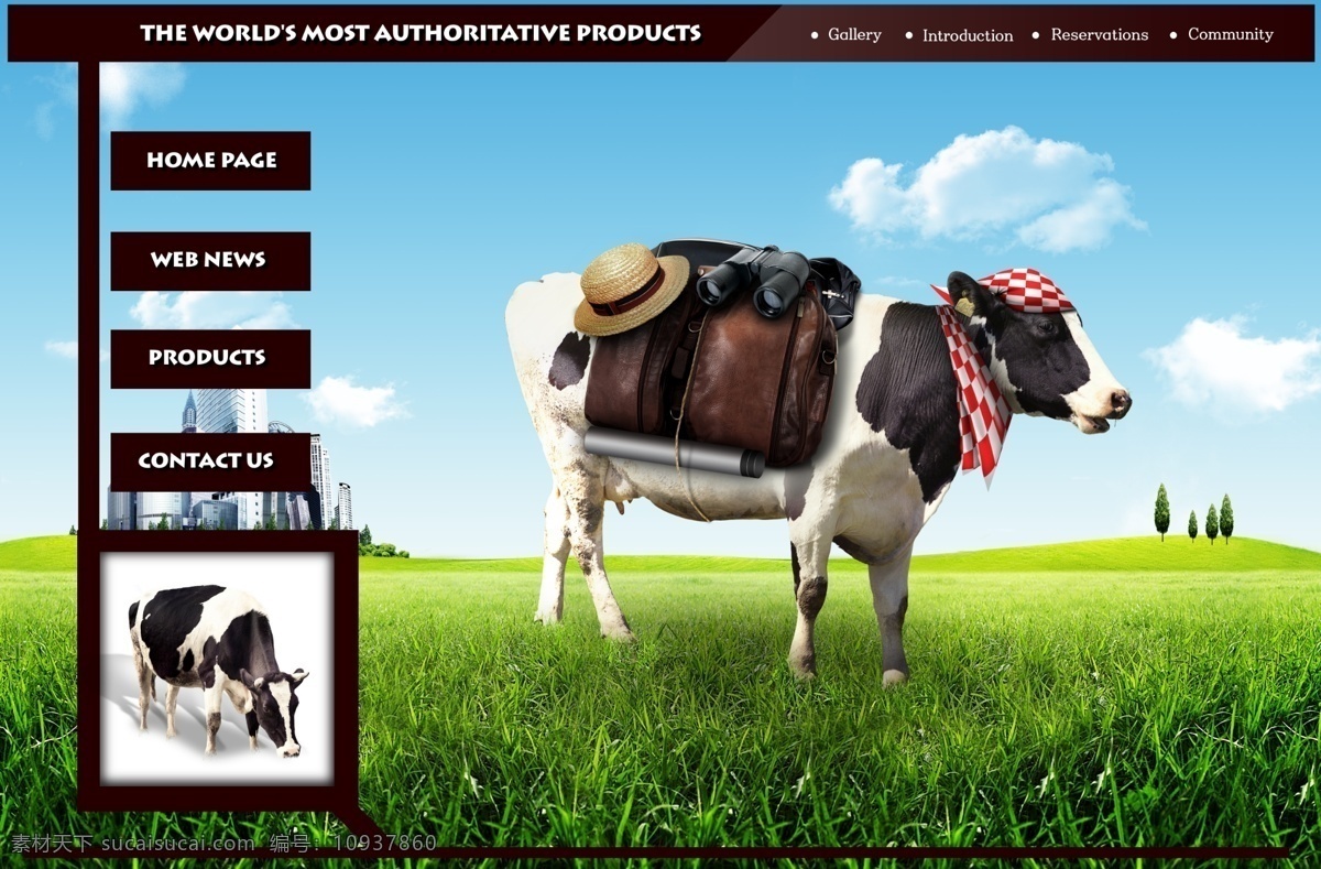 奶牛 农场 网站 网站素材 草地 天空 背包 草帽 望远镜 黑色