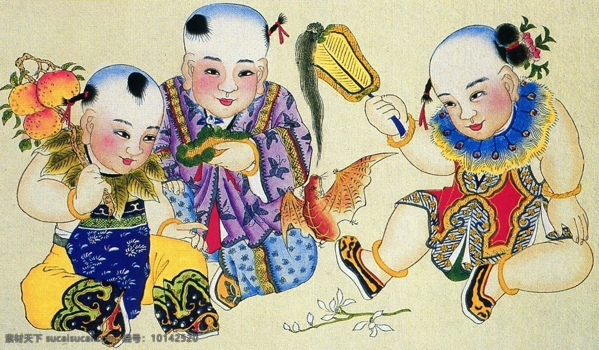 杨柳青年画 吉祥 童子 吉祥童子 设计素材 传统年画 民间美术 书画美术 黄色