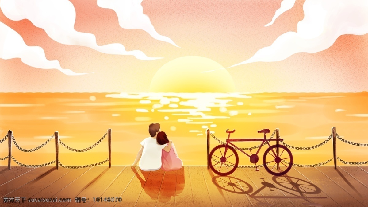 海边 日落 情侣 插画 卡通 海报 素材图片 清新 类 背景 分层