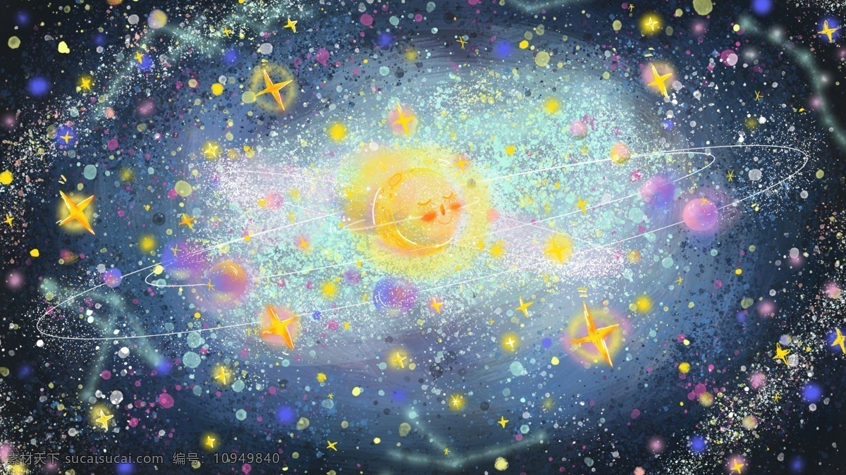 梦幻 星空 闪闪 发光 宇宙 星系 涂鸦 星星 月亮 插画 星球 渐变 喷溅 肌理