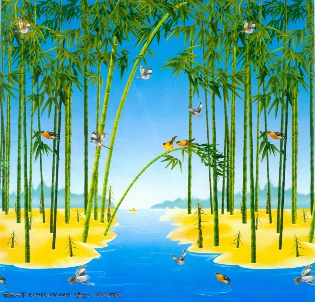 鸟儿戏竹 竹子 竹林 小鸟 河水 河流 自然风光 自然景观