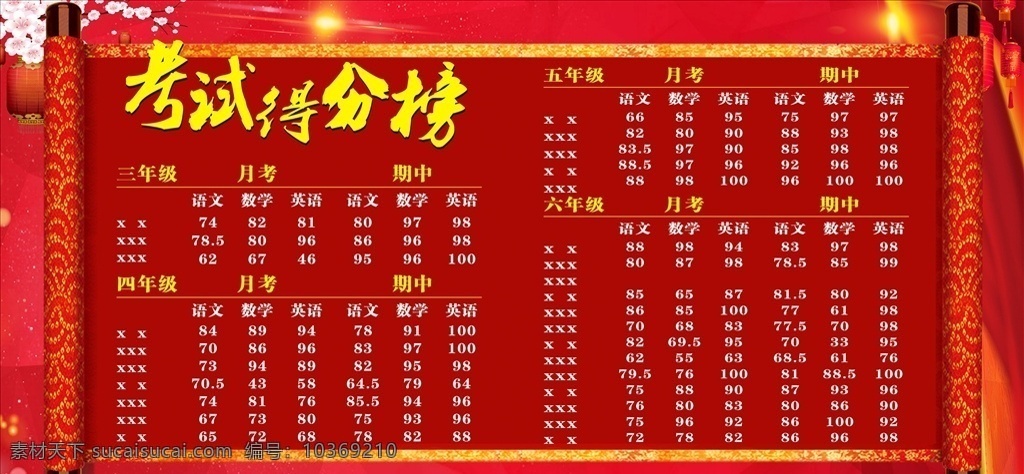 得分榜 光榮榜圖片 紅色得分榜 光榮榜 梅花 紅色卷軸 燈籠 紅色背景