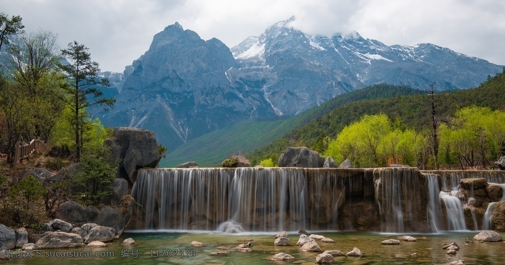 群山 河流 树木 瀑布 风景 自然景观 自然风景