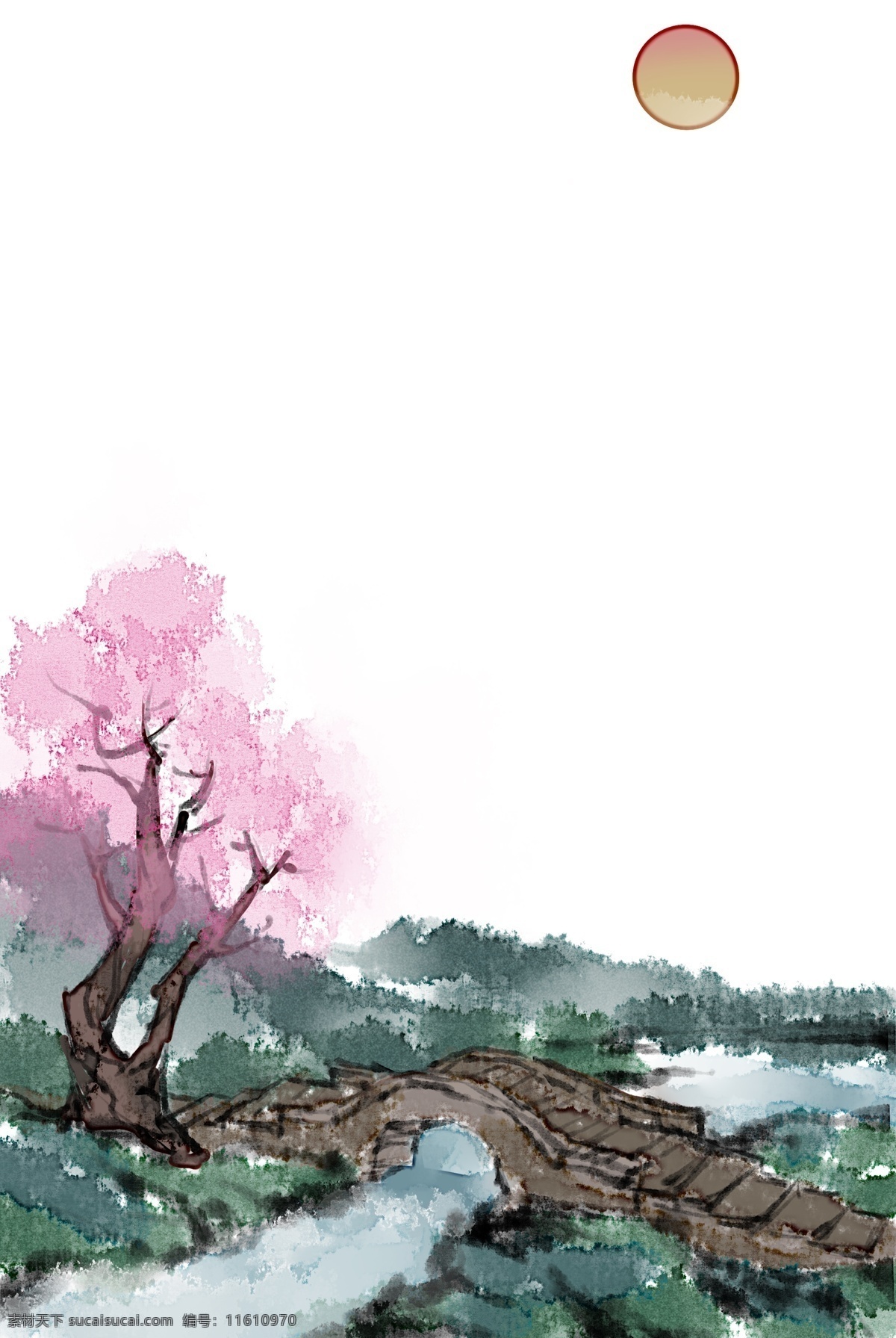 石橋 流水 中 國風(fēng) 水墨 山水 邊框 花樹 紅日 流云 風(fēng)景