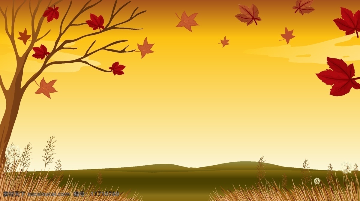 秋天 落叶 夕阳 风景 荒草 草原 枫叶 小草 草丛 大树 小树 矢量 卡通 插画