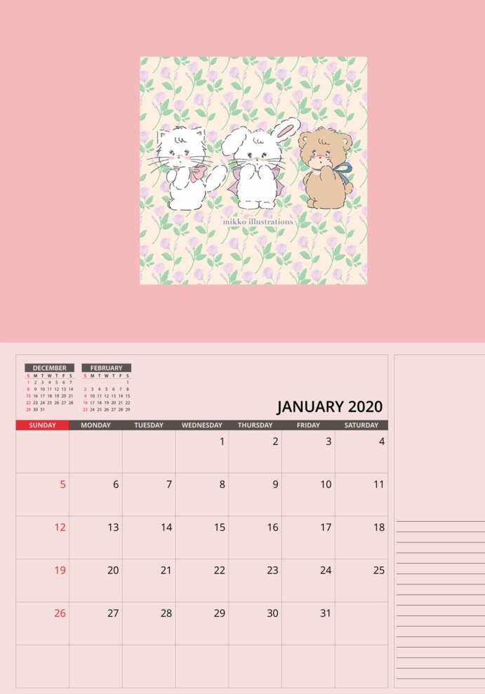 2020 年 月 月历 2020年 1月月历 兔子 小熊 郁金香 猫咪 可爱背景 卡通背景 卡通动物 动漫动画