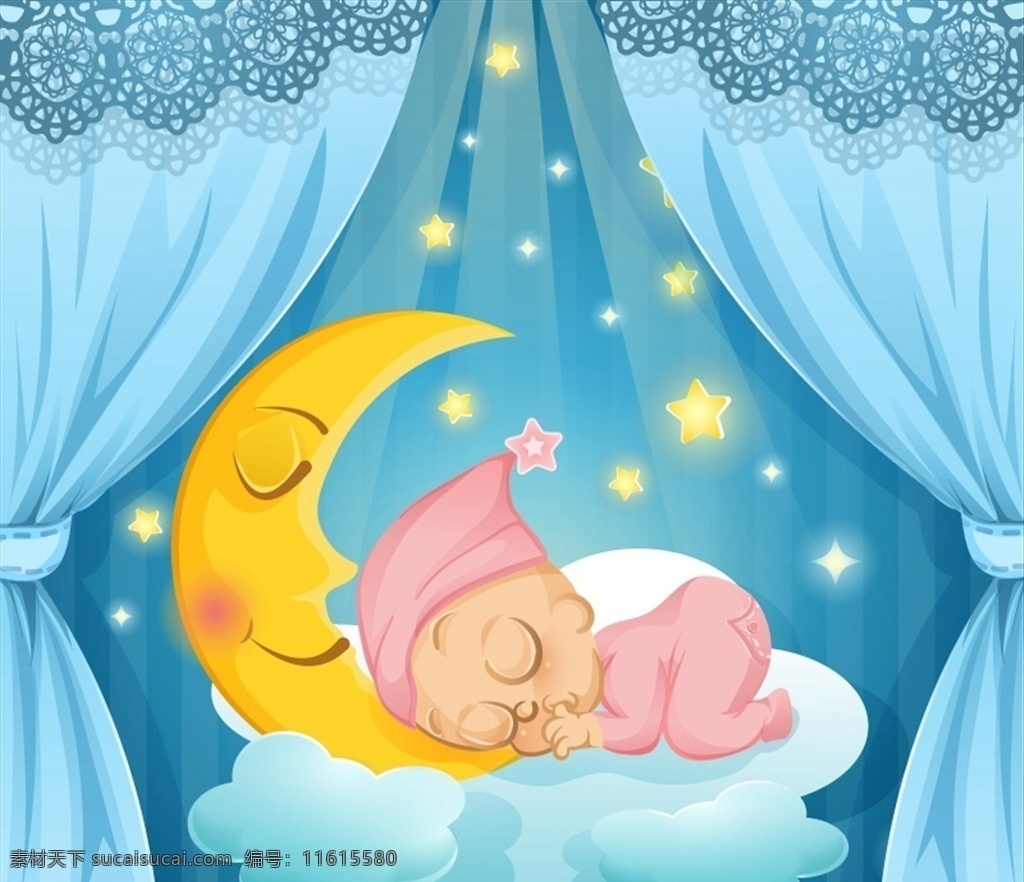 熟睡婴儿插图 宝贝 卡片 淋浴 星星 月亮 庆典 睡眠 插图 庆祝 婴儿 睡觉 出生 新出生 图标 高清 源文件