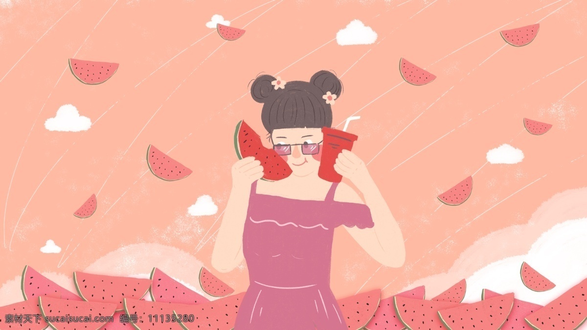 原創(chuàng) 插畫 夏季 姑娘 女孩 西瓜 冷飲 夏天 暑假 暑期 暑氣 配圖 文章配圖 公眾號配圖