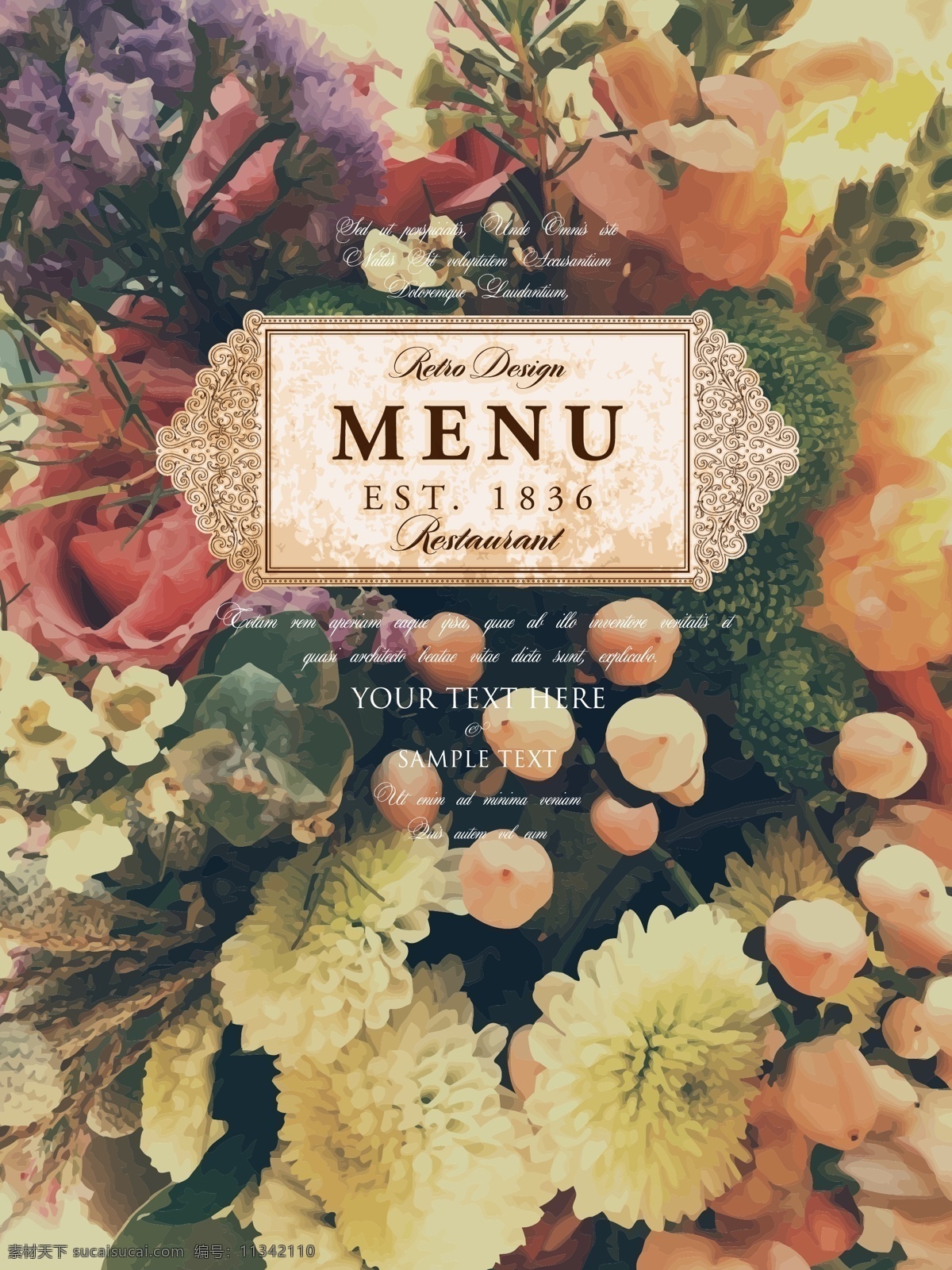 复古 花卉 菜单 花束 餐饮 餐厅 背景 矢量 高清图片