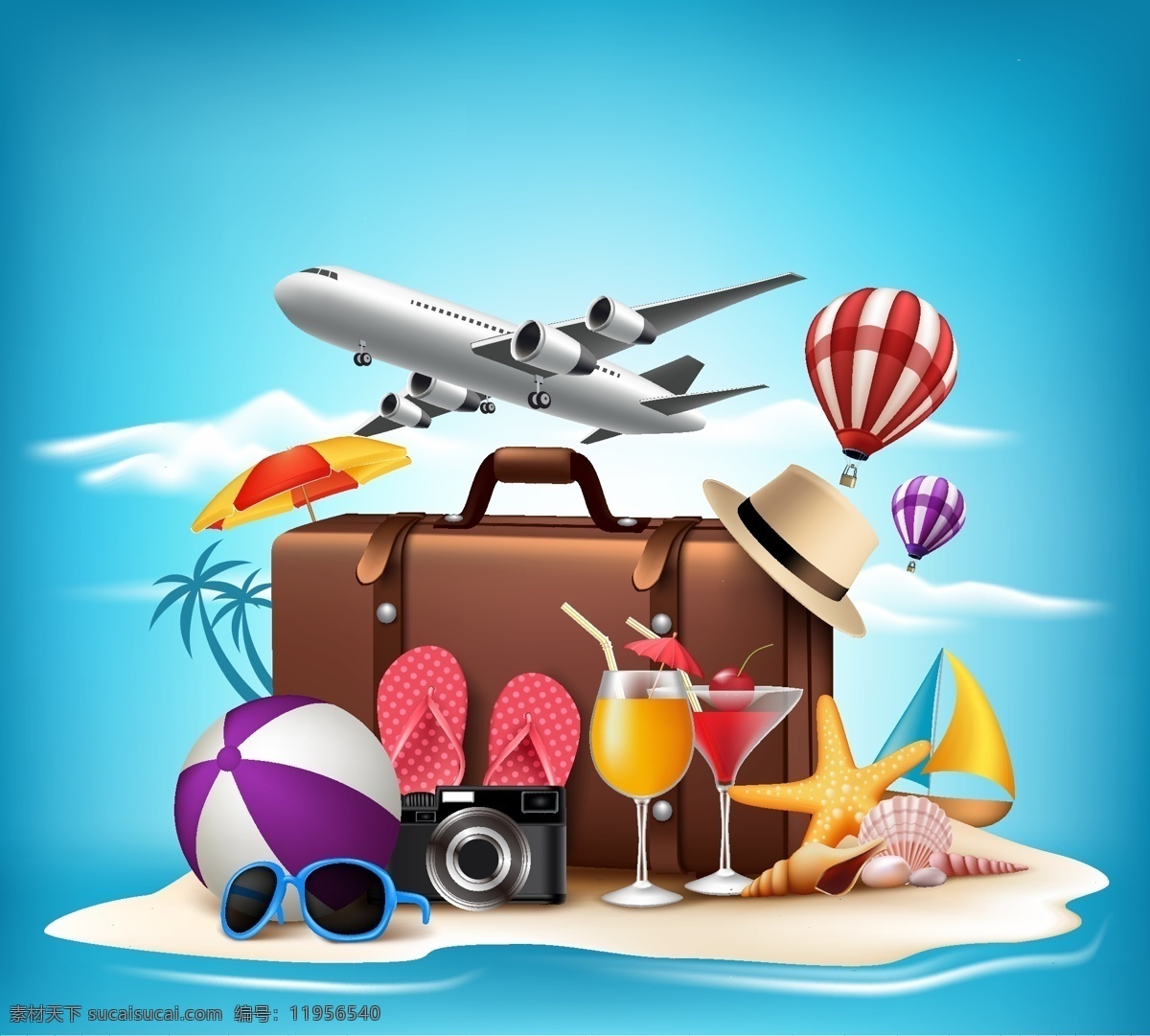 时尚 夏天 旅行 用品 静物 大海 度假 飞机 旅行箱 帽子 热气球 沙滩 相机